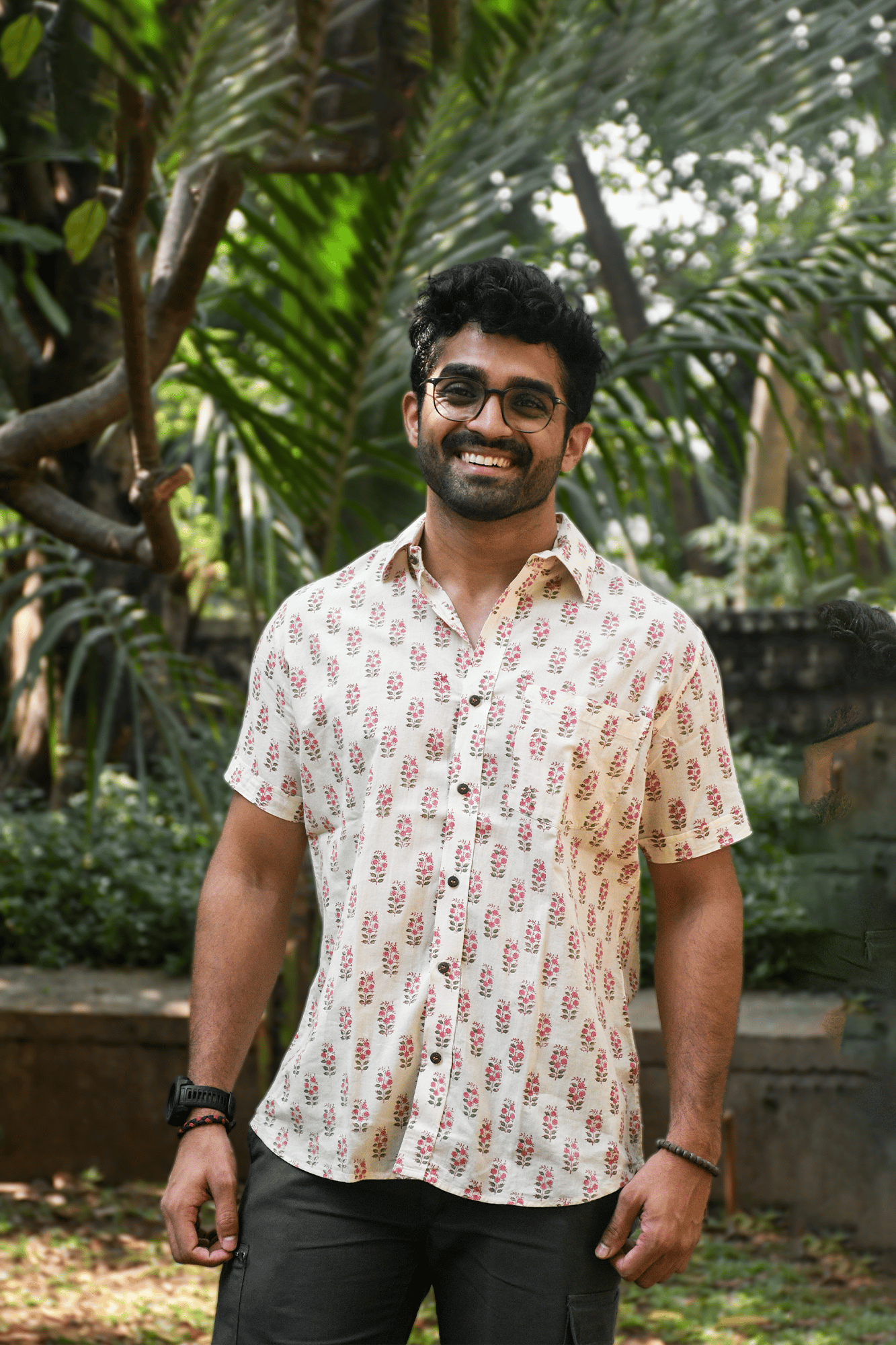 Cream and Pink Block Printed Shirt