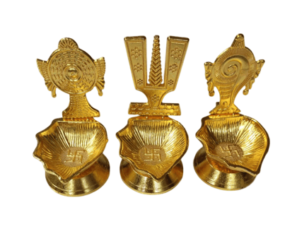  "Set of 3 Golden Brass Diyas for Diwali Puja"