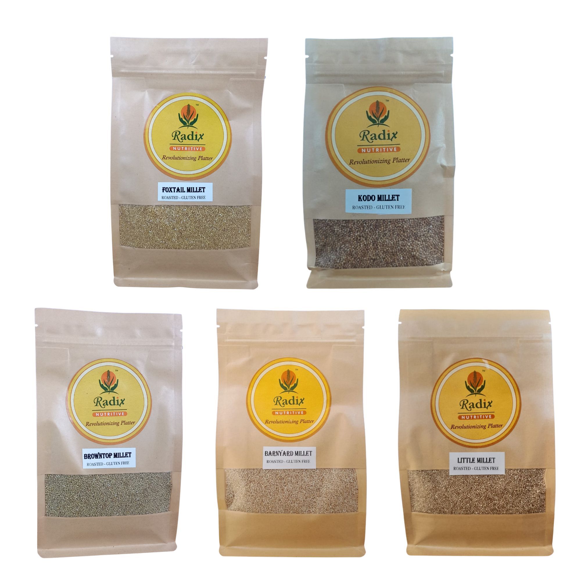 Radix Nutritive® Unpolished Roasted Millets – Foxtail, Kodo, Browntop, Little and Barnyard 500 gms each. Natural Products