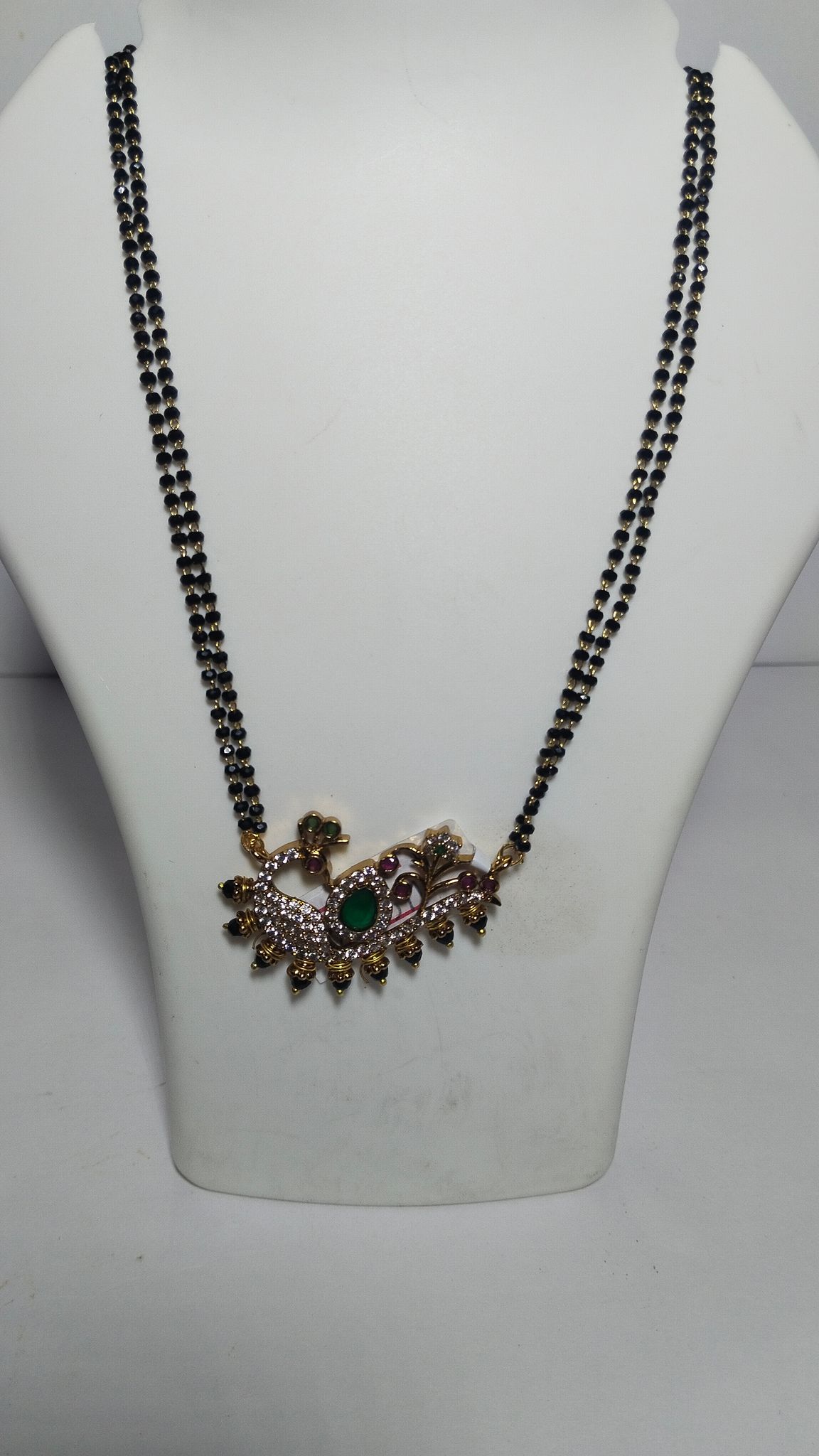  Black Beads Traditional Indian Mangalsutra Necklace with Gold Peacock Pendant