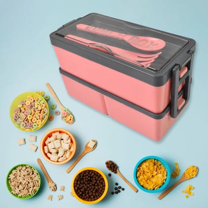  A pink lunch box with a gray lid and a set of plastic utensils.