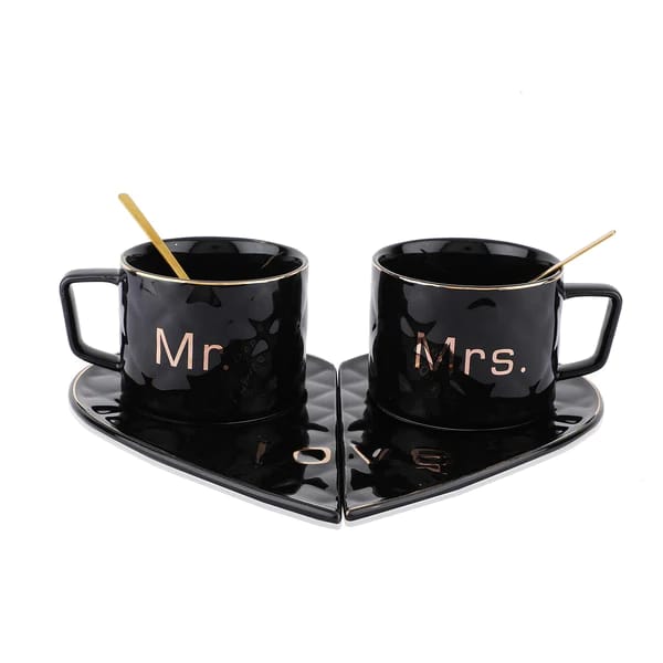 Mr and Mrs Ceramic mug || Couple Coffee Cup and Tea Mugs with Heart Shape Saucer & Stainless Spoon || Microwave Safe, Dishwasher Safe| Valentine Day Gift Mug. (Black)