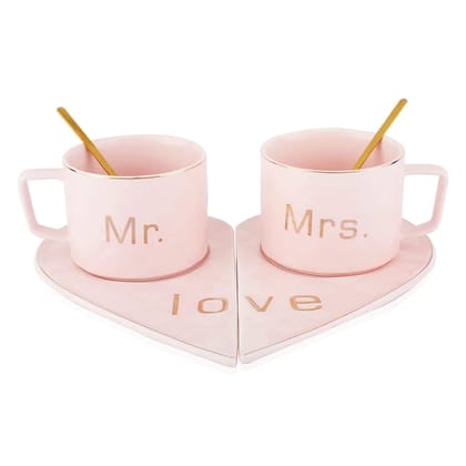 Mr and Mrs Ceramic mug || Couple Coffee Cup and Tea Mugs with Heart Shape Saucer || Microwave Safe, Dishwasher Safe| Valentine Day Gift Pink Mug.