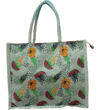 Jute tote bag with a colorful floral pattern