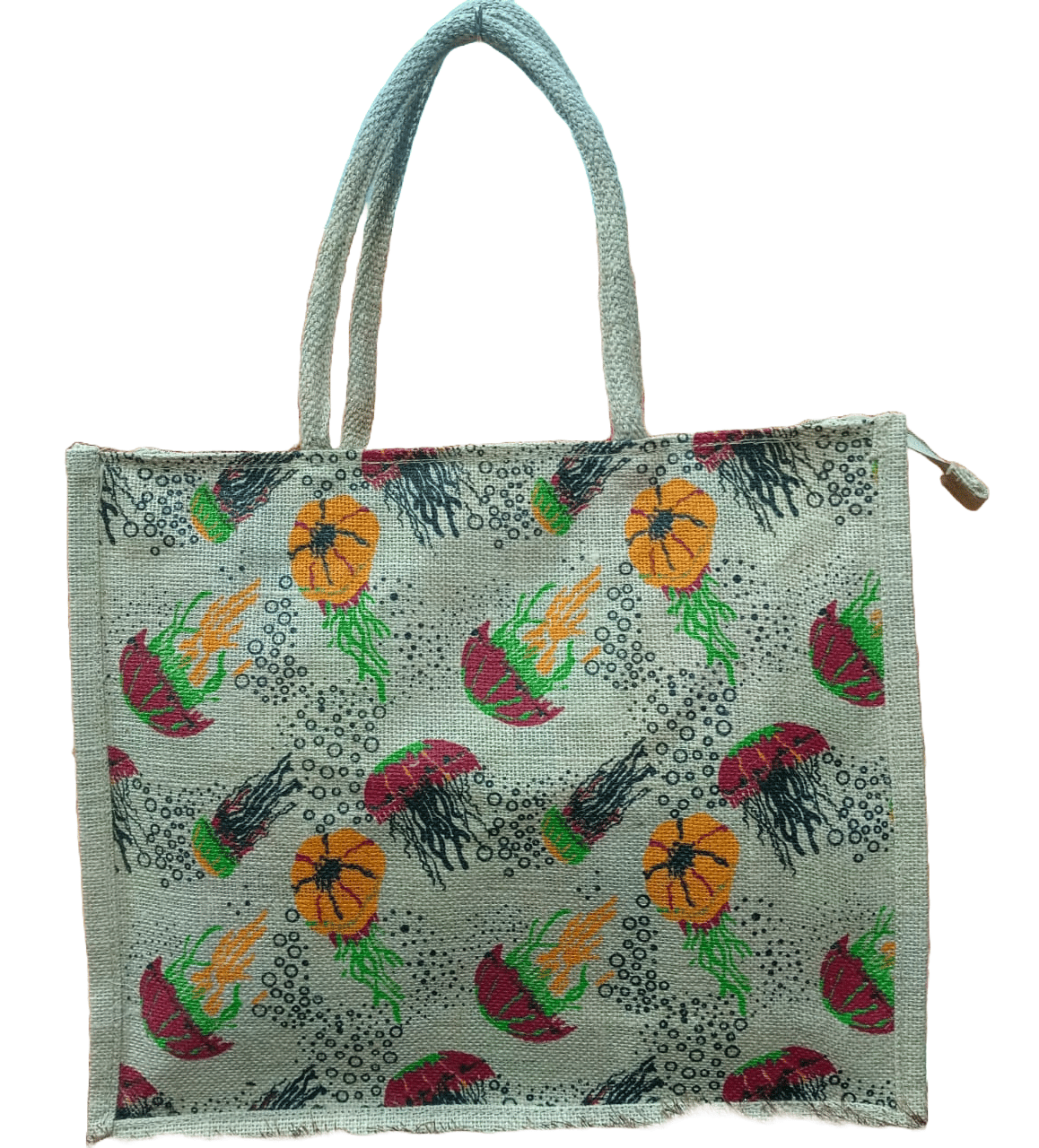 Jute tote bag with a colorful floral pattern