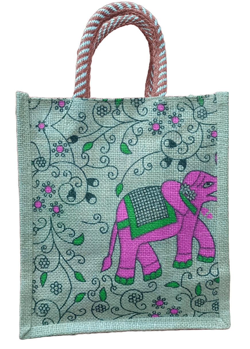 Jute Bag with Elephant Print* Green