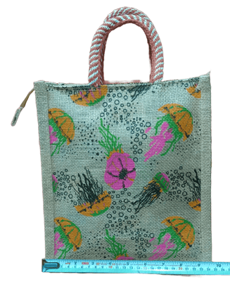 jute tote bag with colorful fish print