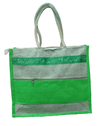 Green Jute tote bag with green border and bottom