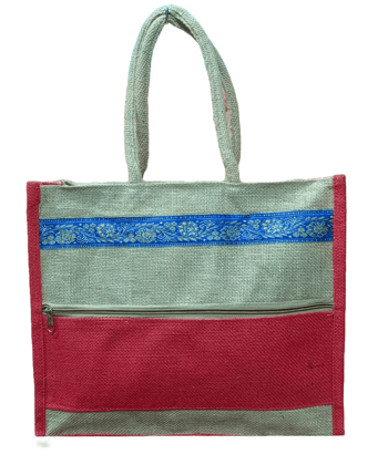 Jute tote bag with zipper closure and blue floral embroidery**