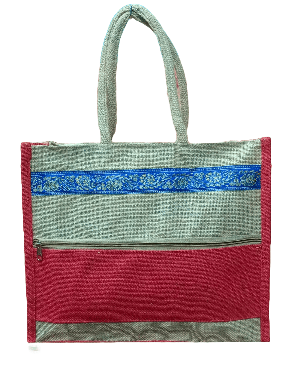 Jute tote bag with zipper closure and blue floral embroidery**