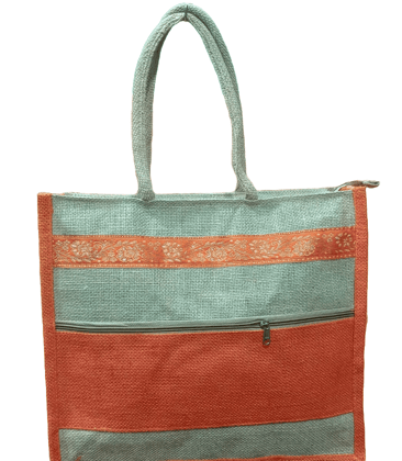 Orange Jute Tote Bag with Zipper and Front Pocket