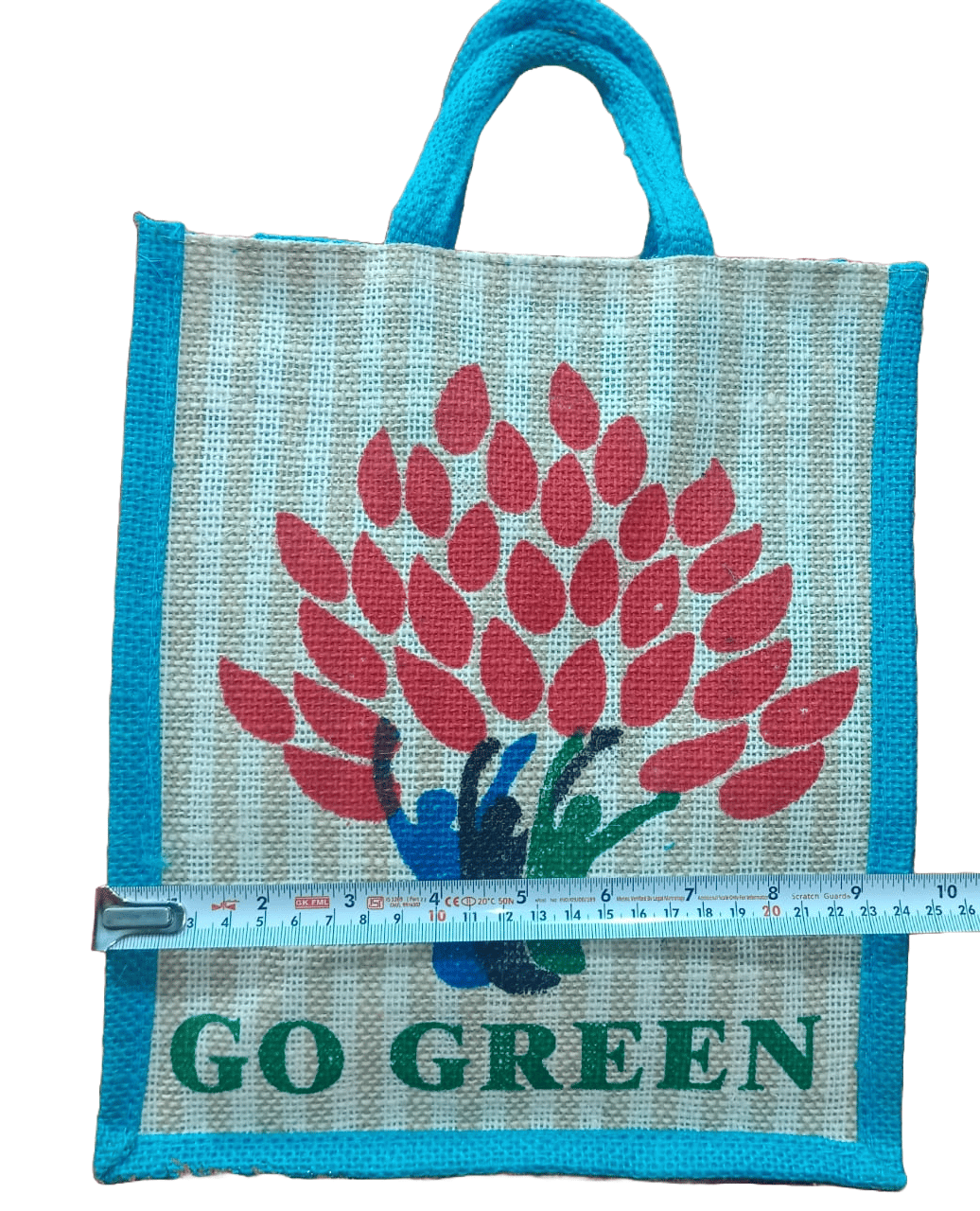 Jute Bag with "Go Green" Print and Blue Handles