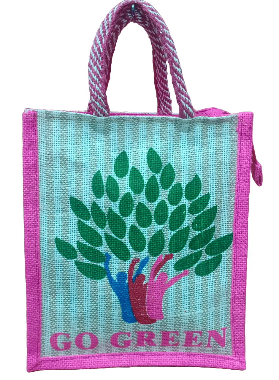 Small Pink Jute Bag with Go Green Print