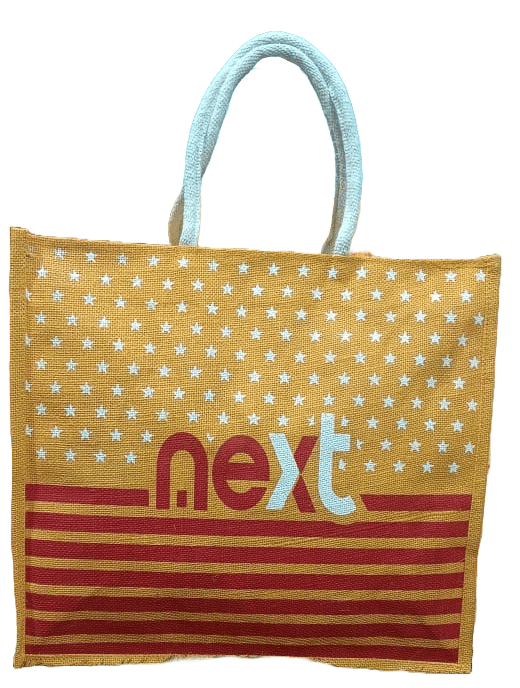 NEXT Natural Jute Tote Bag with Blue Handles and Red Stripe