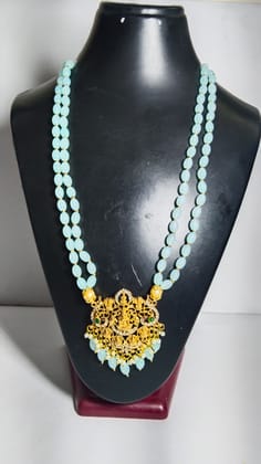  "Stunning South Indian Temple Jewelry Necklace Set with Sky Blue Beads and Gold-Plated Pendant"