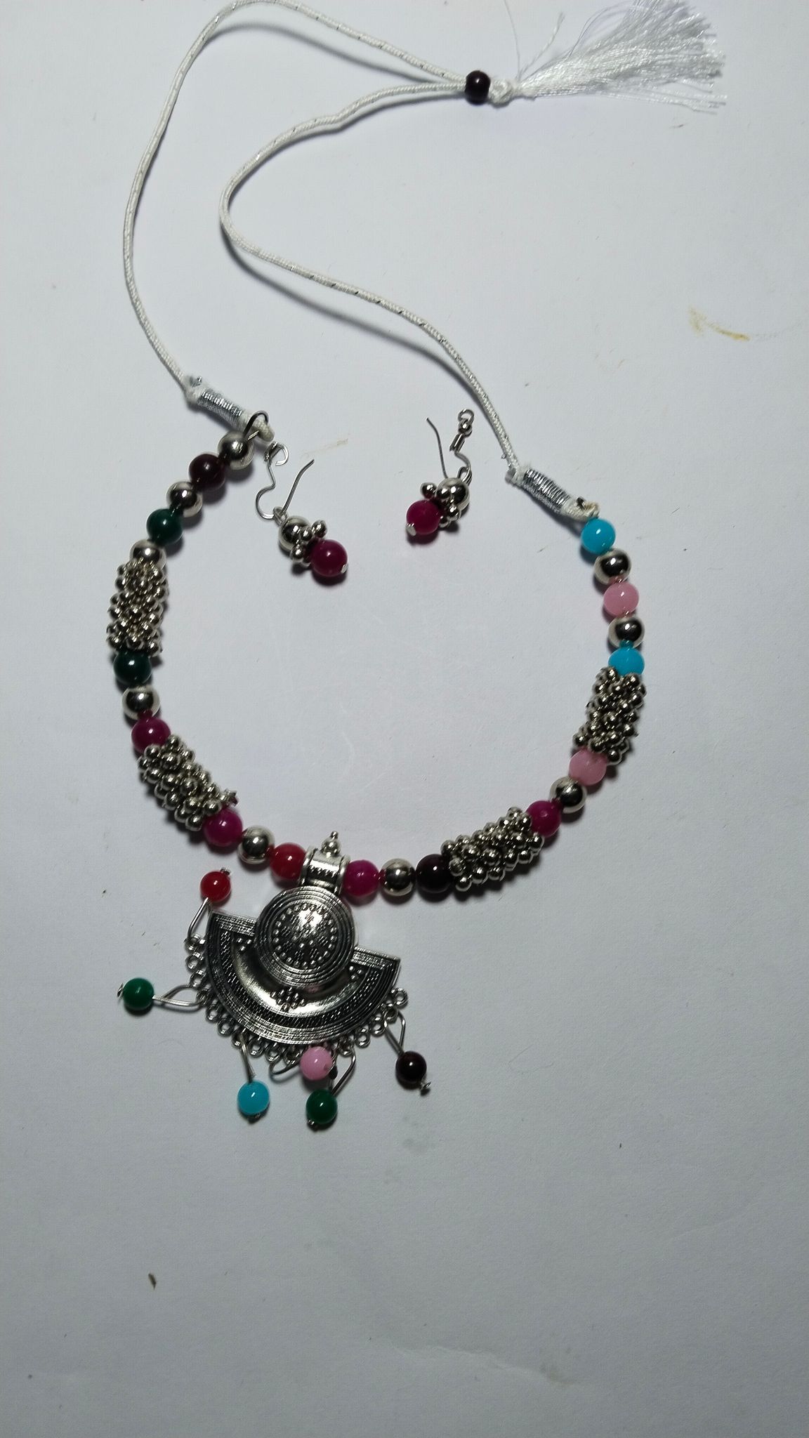  Oxidized Silver Choker Necklace Set with Beads and Stones