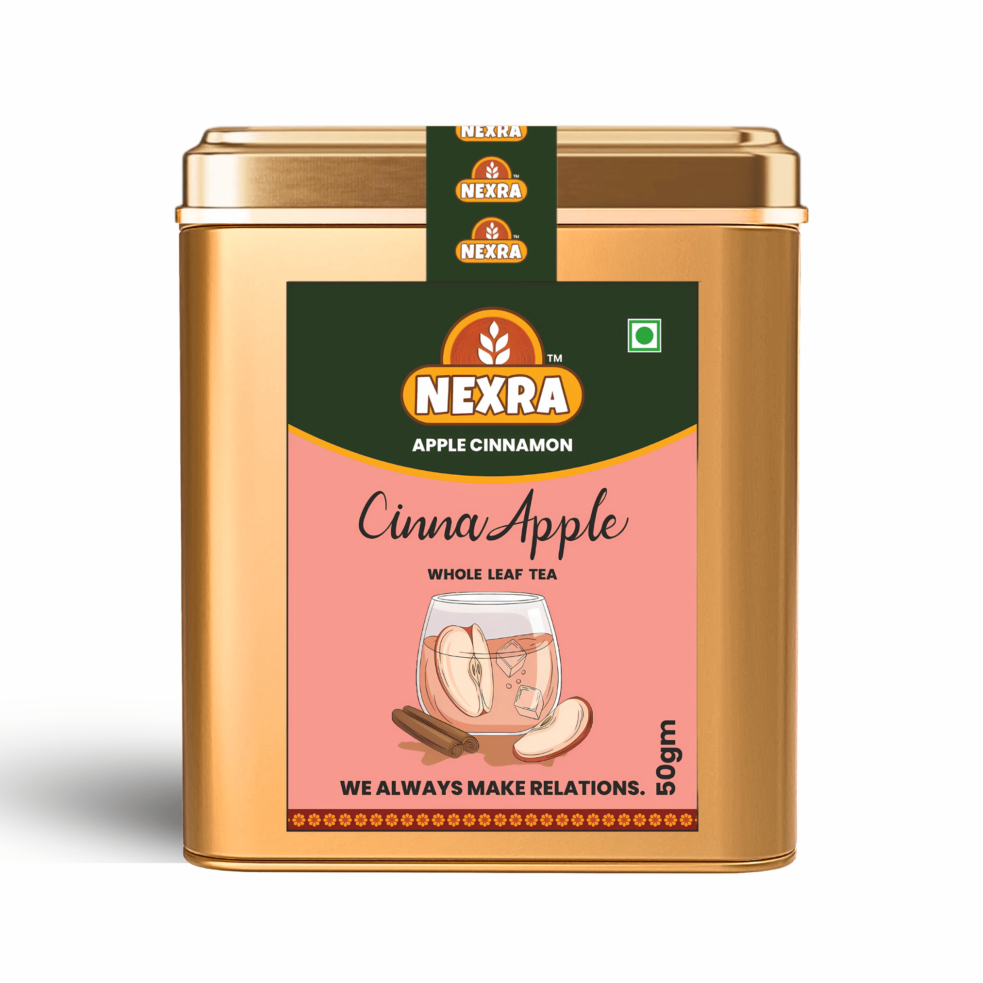 Nexra - Apple Cinnamon Tea - 50g Tin Box | Whole Leaf Herbal Blend | Cozy Apple and Cinnamon Flavors for a Delightful Tea Experience