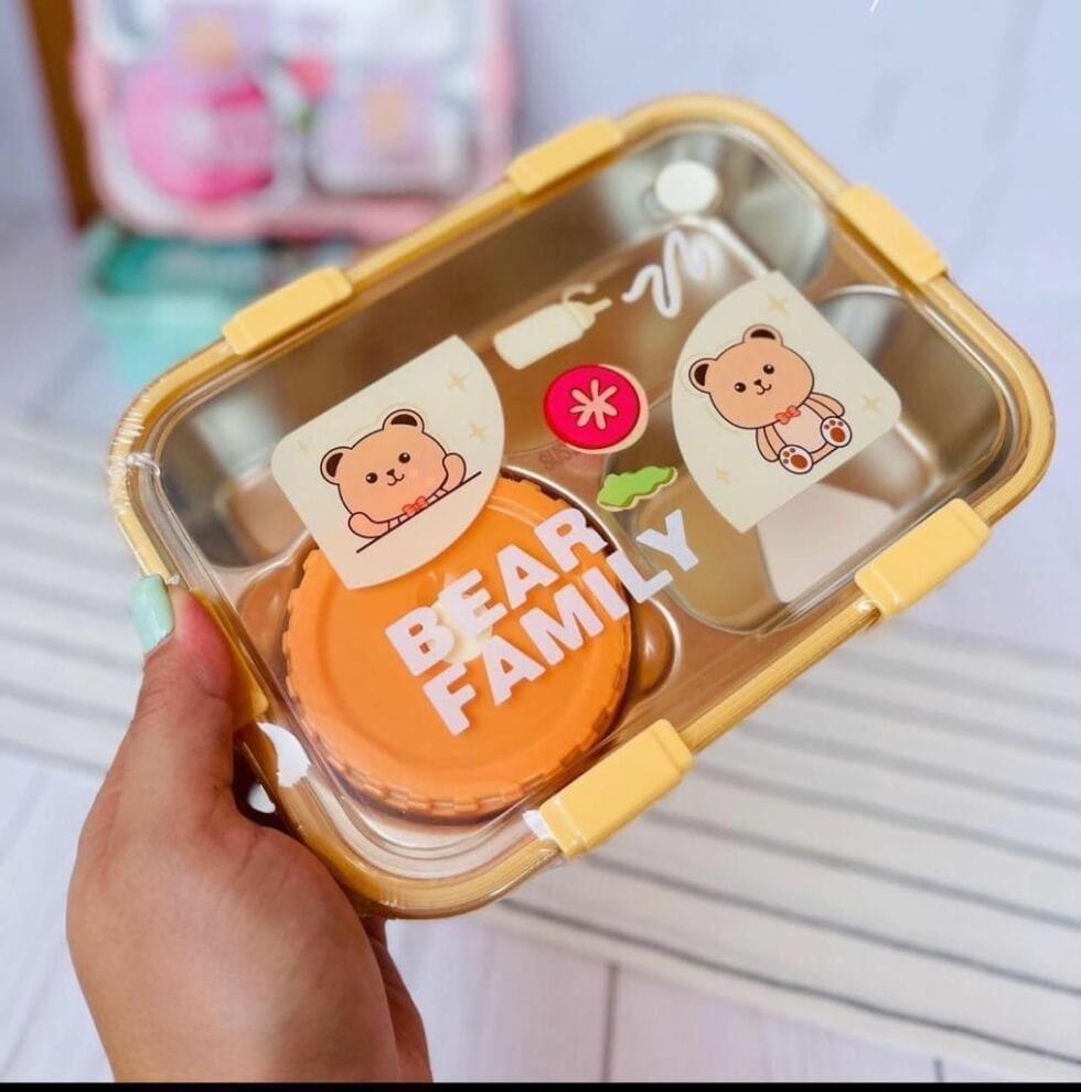 Stainless Steel Bear Family Bento Lunch Box (3 Grid) With Bowl for Kids