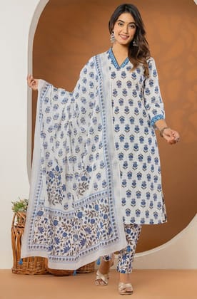 White Blue Printed Mulmul Dupatta