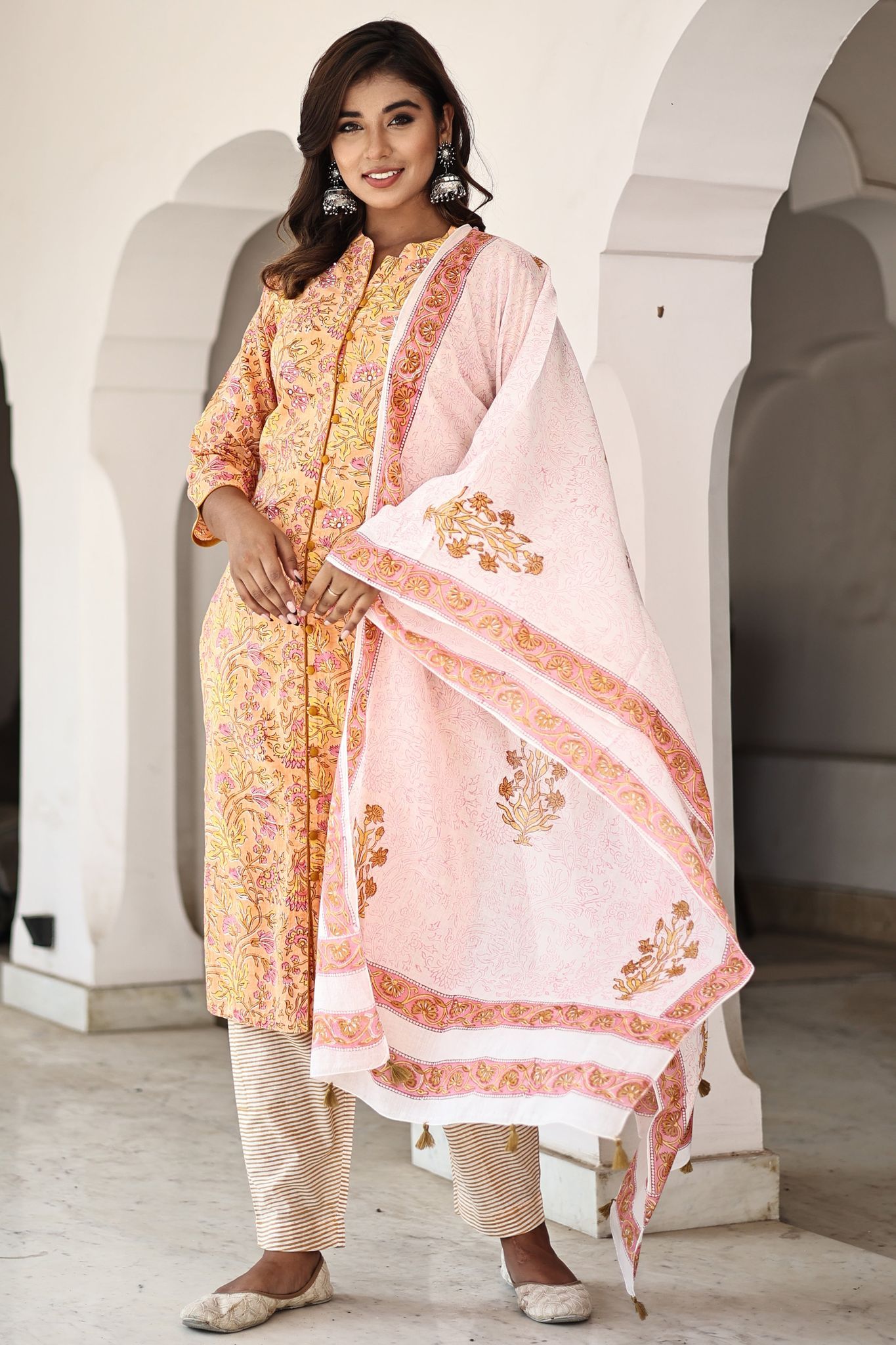 White Orange Organic Mulmul Dupatta