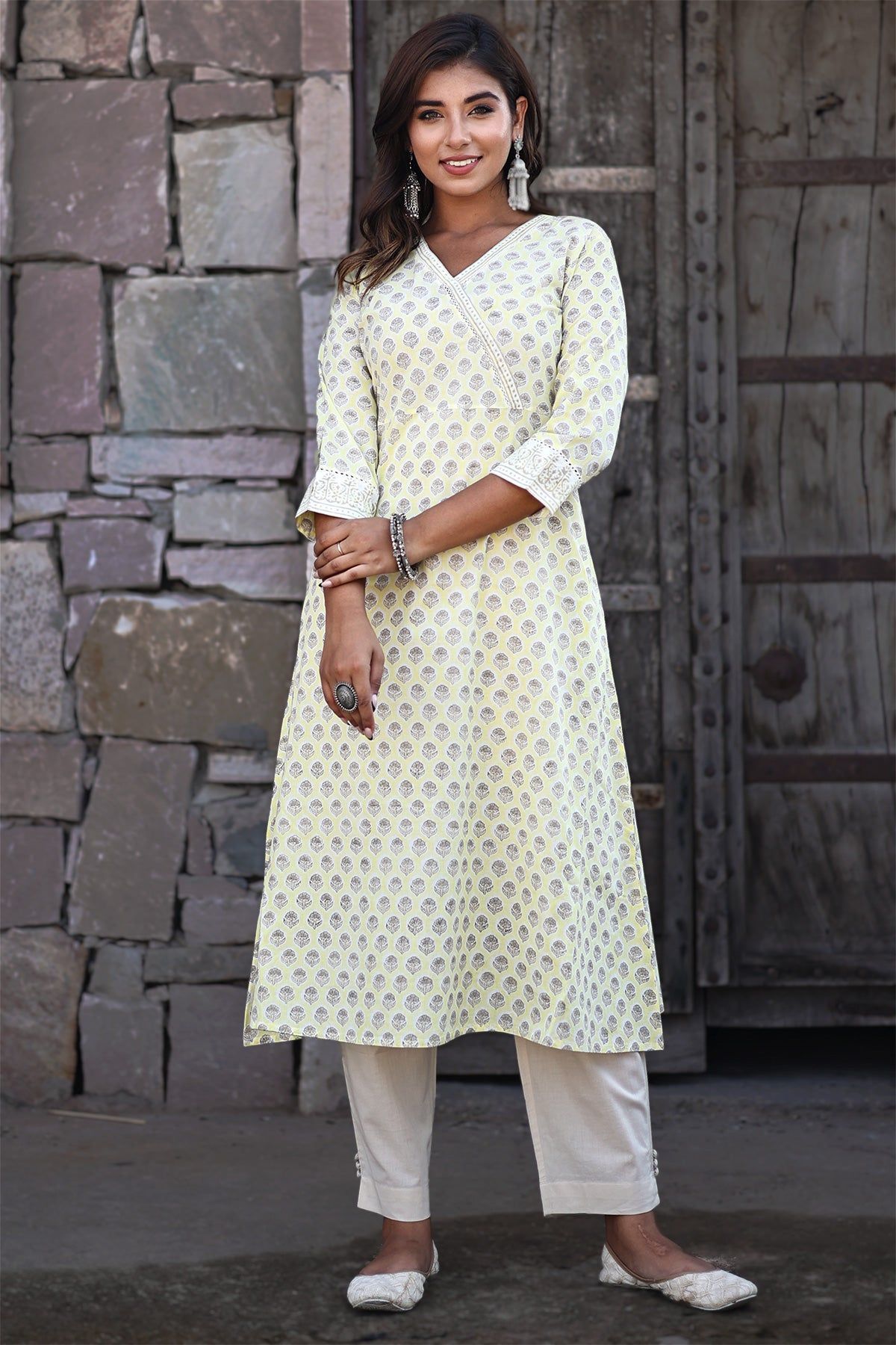 Yellow Organic Cotton A-line Kurta with Pockets