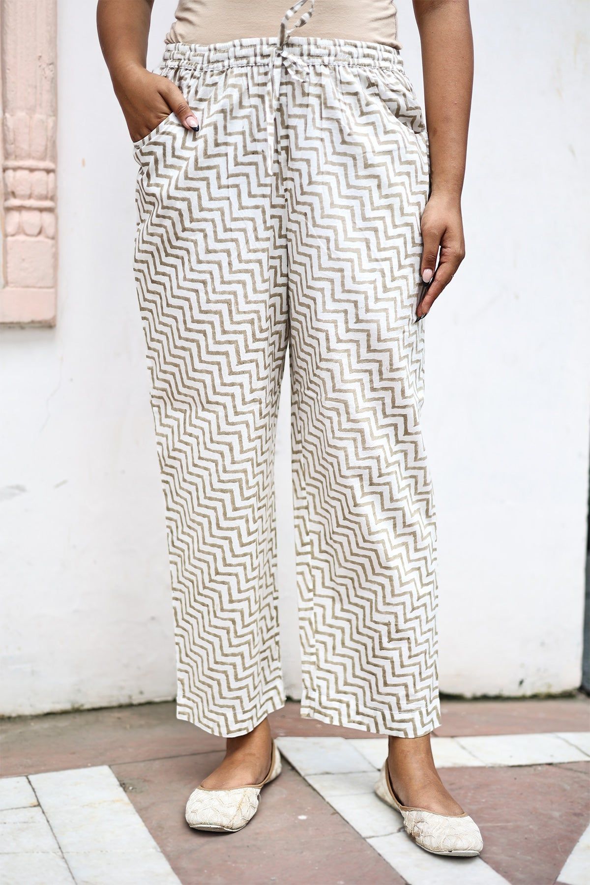 White Brown Organic Cotton Straight Pants