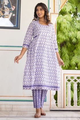 Purple White Organic Cotton A-line Kurta with Pockets