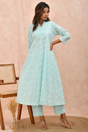 Powder Green Organic Cotton Anarkali Kurta with Pockets