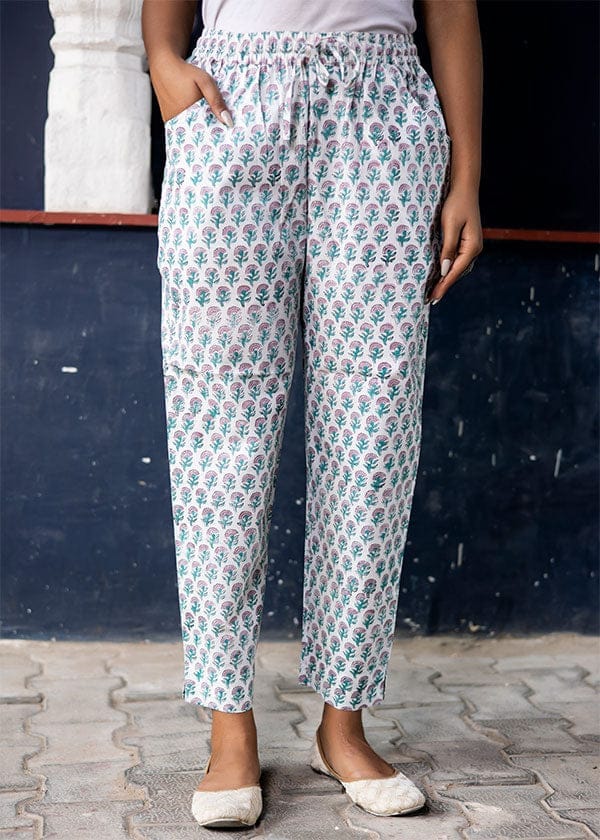 White Green Printed Organic Cotton Narrow Pants