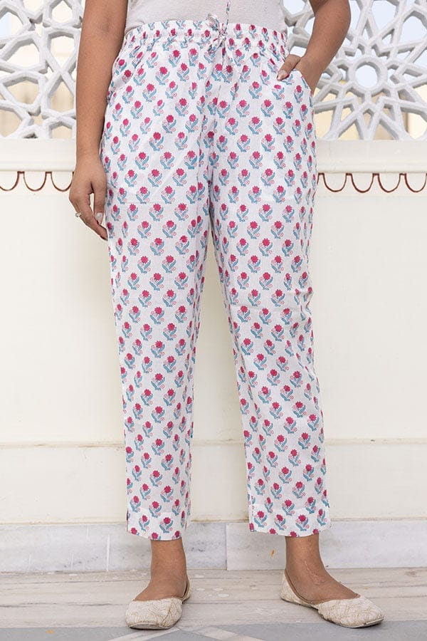 White Pink Hand Printed Organic Cotton Narrow Pants