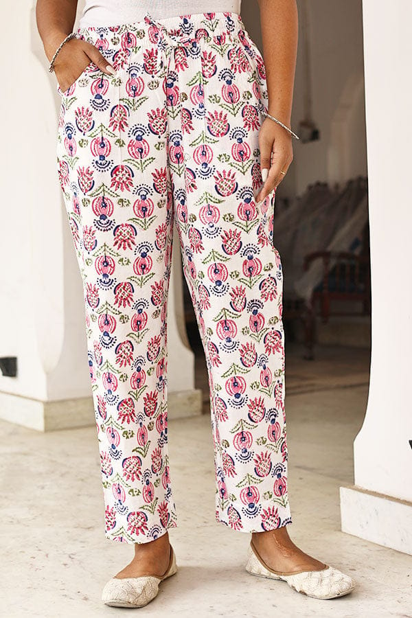 White Blue Printed Organic Cotton Narrow Pants