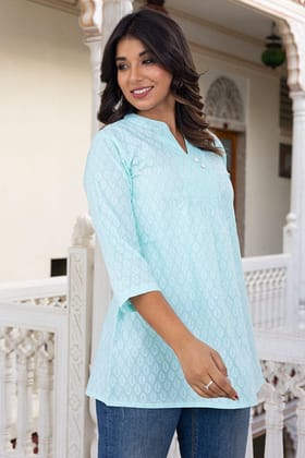 Aqua Blue Organic Cotton Short Kurta