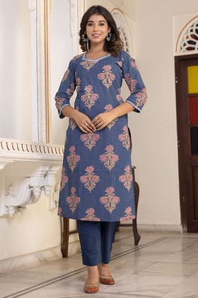 Navy Blue Organic Cotton Straight Kurta with Pockets