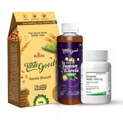 Diabetic Friendly Combo : Taste Good Karela Biscuits Pack of 4 | Taste Good Jamun Karela Juice (500 ML) | Trigotab Fenugreek Seed Powder Tablets (60 tabs)