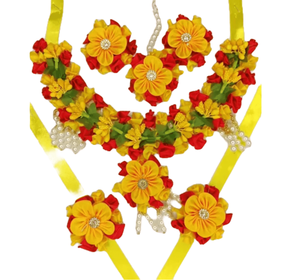  Yellow and Red Artificial Flower Jewelry Set with Necklace, Earrings, and Bangles