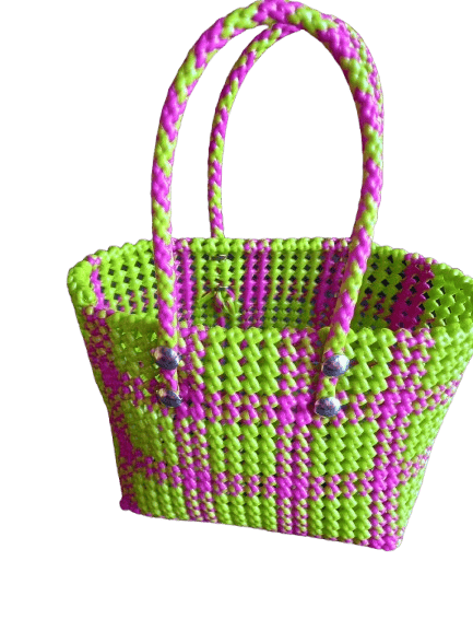 Medium Size Handwoven Plastic Basket with Neon Pink and Green Accents