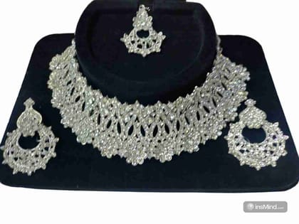 American Diamond Bridal Necklace Set with Earrings and Maang Tikka