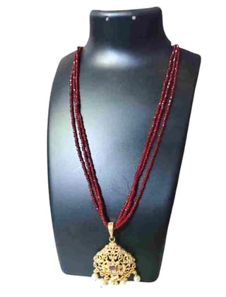 Traditional Indian Gold Plated Long Necklace Set with Red Beads and Pearls