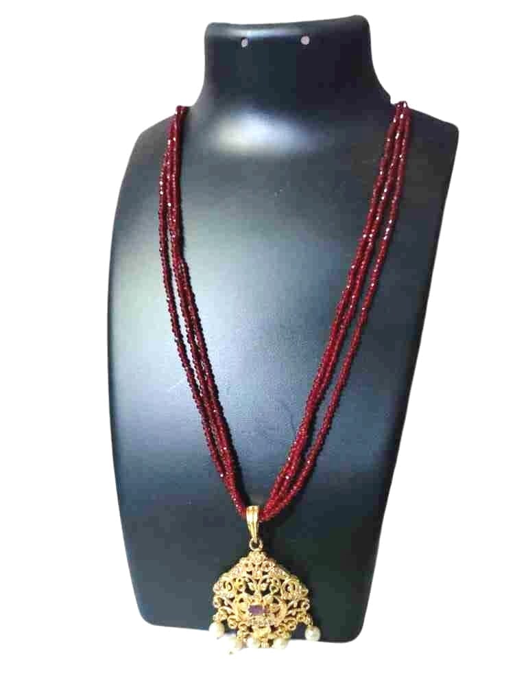 Traditional Indian Gold Plated Long Necklace Set with Red Beads and Pearls