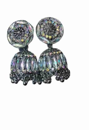 Oxidized Silver Plated Traditional Jhumka Earrings With White Stones