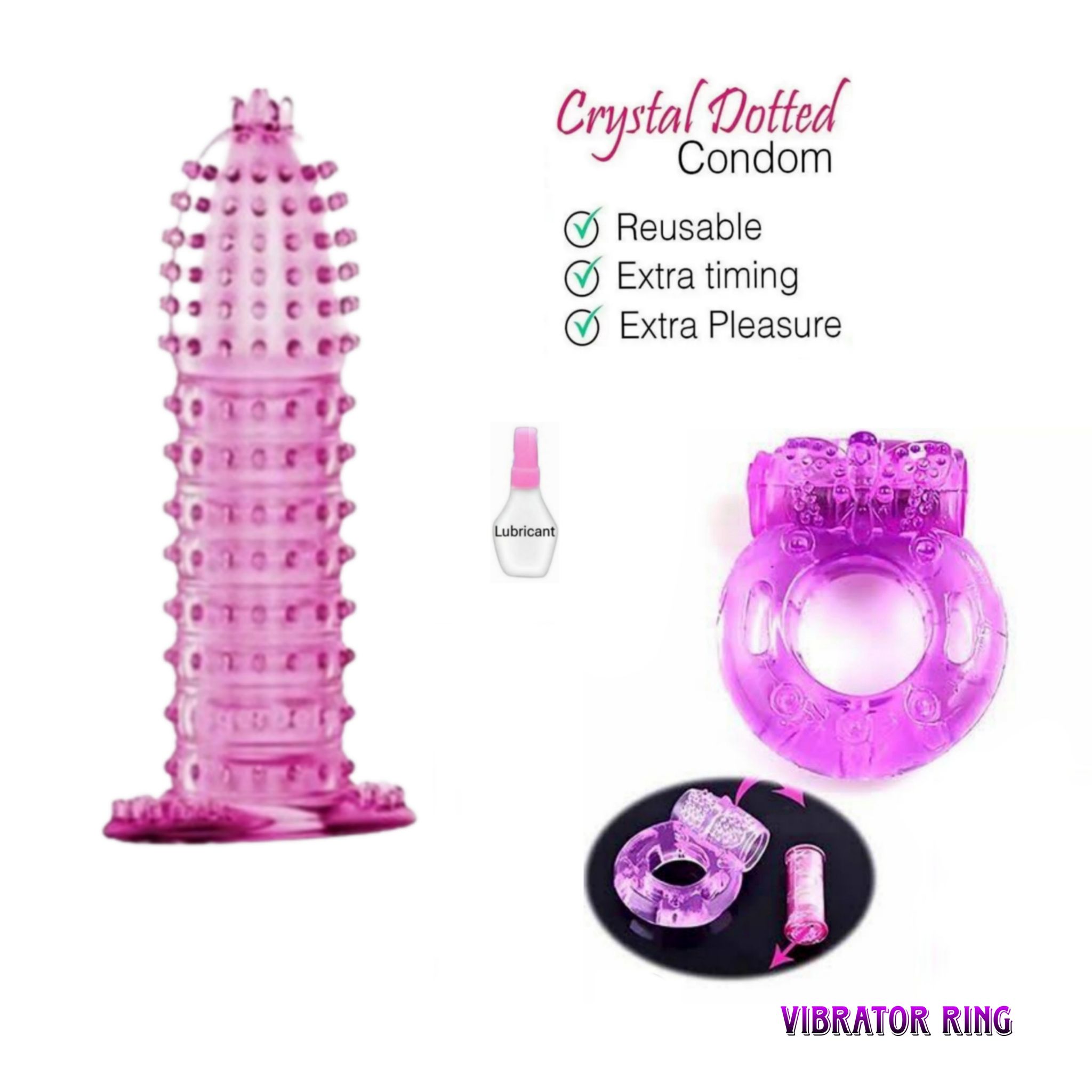 Qawvler Crystal Dotted Reusable Condom & Vibrator Ring Silicone Extra Pleasure Ring Combo (Multicolor)