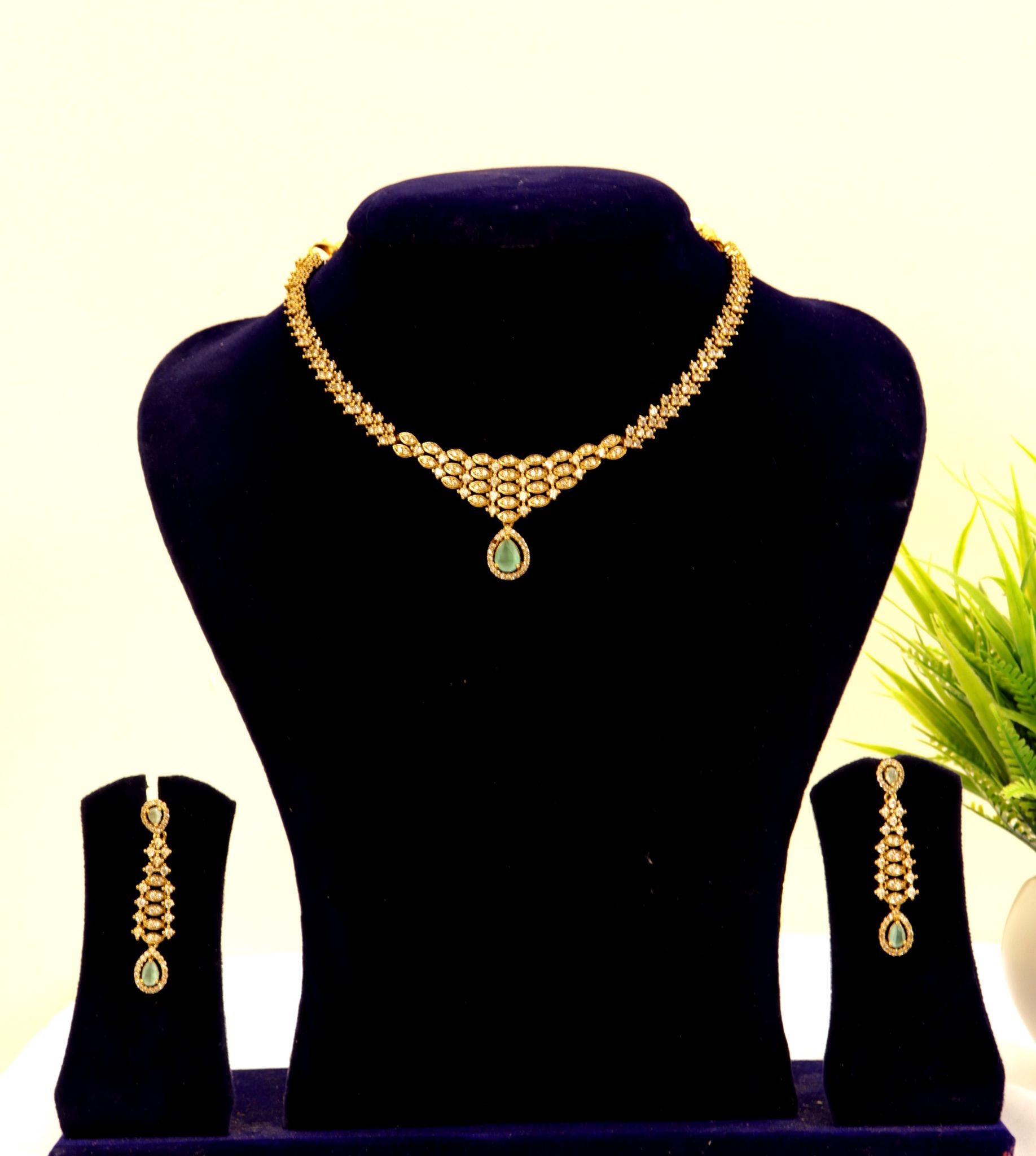  American Diamond Necklace Set with Earrings in Gold Polish