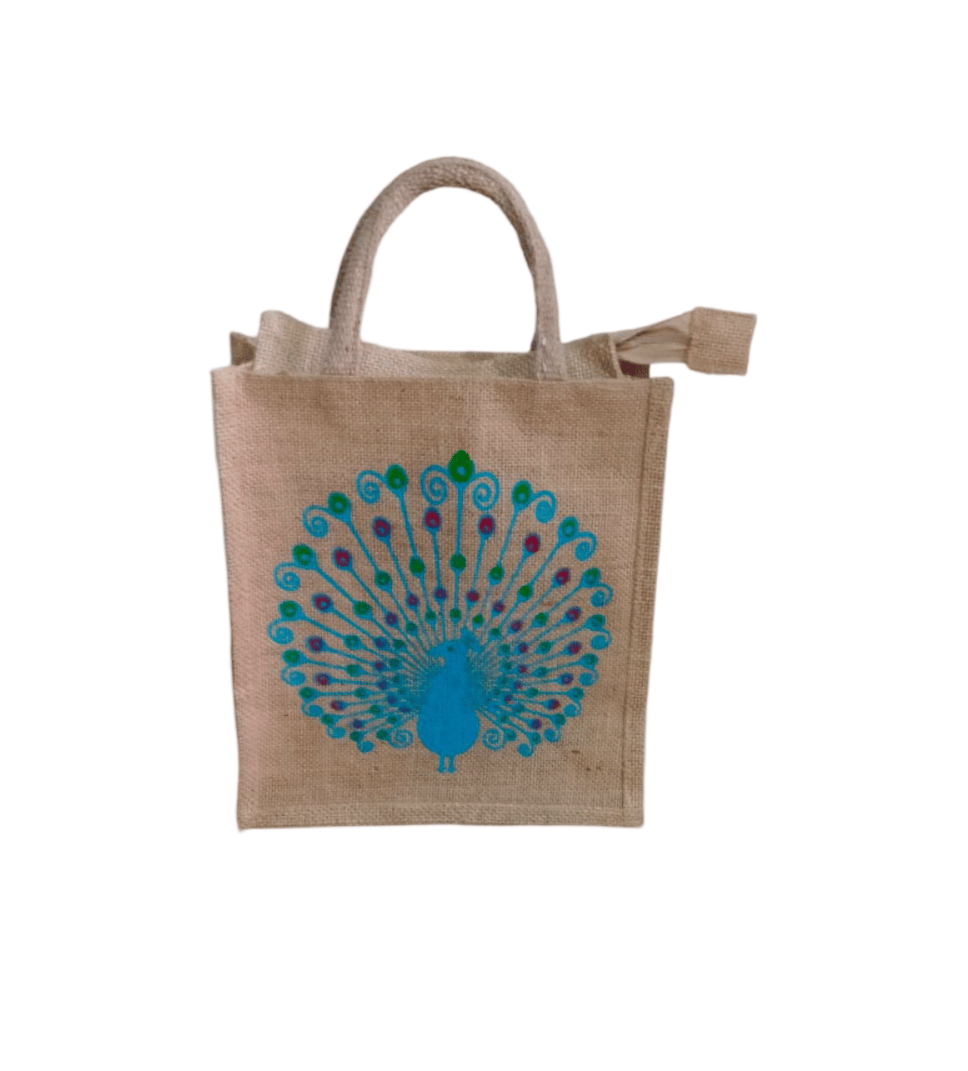  Peacock Print Small Jute Bag