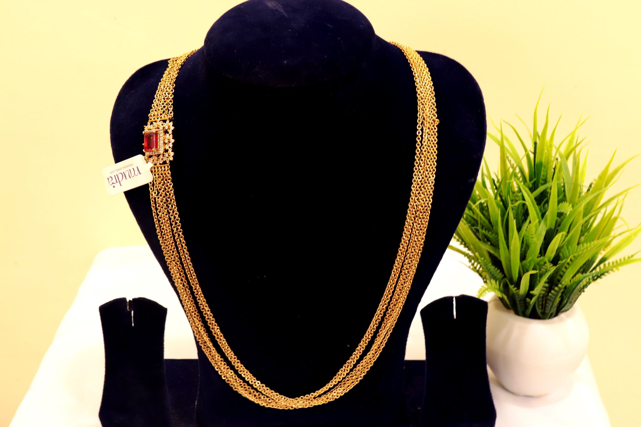  Bridal Gold Plated Long Necklace Set with Ruby Stones