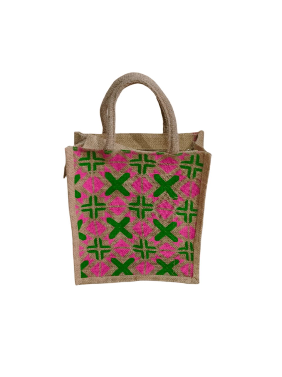  Jute Tiffin Bag with Green and Pink Geometric Print