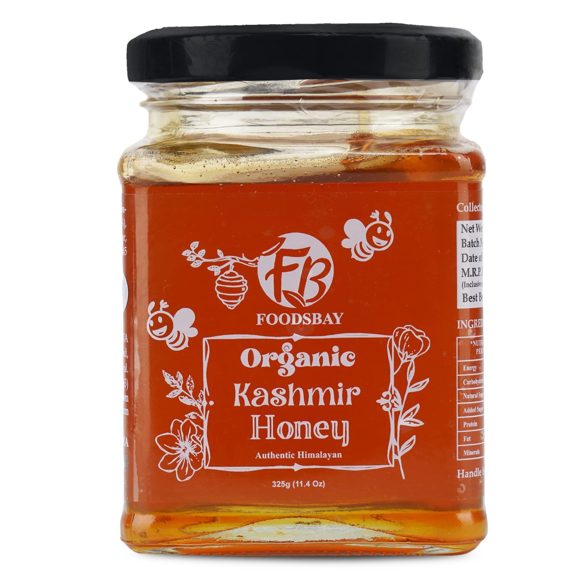 FOODSBAY Dense Organic Kashmiri Honey Collected From Giant Himalayan Bees Loaded With Rich Source Of Enzymes | No Additives, Sugar | Best With Breakfast Cereals, Green Tea, Pancakes | 325  Glass Jar