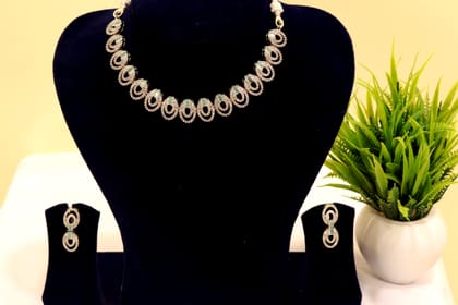  American Diamond Necklace Set with Earrings in Silver Finish