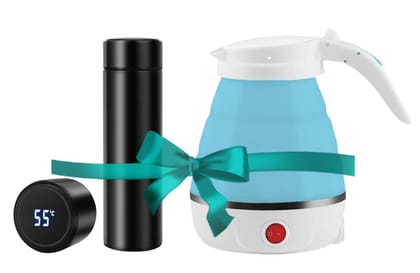 Silicon foldable Electric Kettle 600ML and Insulated Water Temperature Bottle (500ML) COMBO PACK,Best for Travel and Gifting(Any assorted colour)