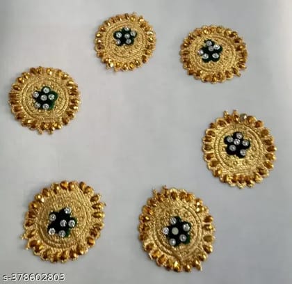  Set of 6 round gold embroidered patches with green and white stones