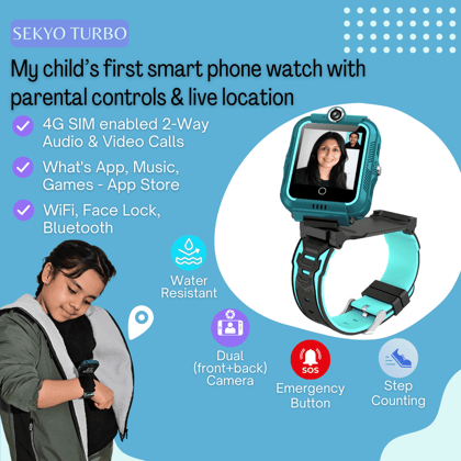 Sekyo Turbo Kids Smart Watch Phone with Sim Support, 4G GPS Tracker SmartWatch for Kids, Boys & Girls, Voice & Video Call, SOS Button, Dual Camera, Geo Fencing, Class Mode, Safe Zone Alert